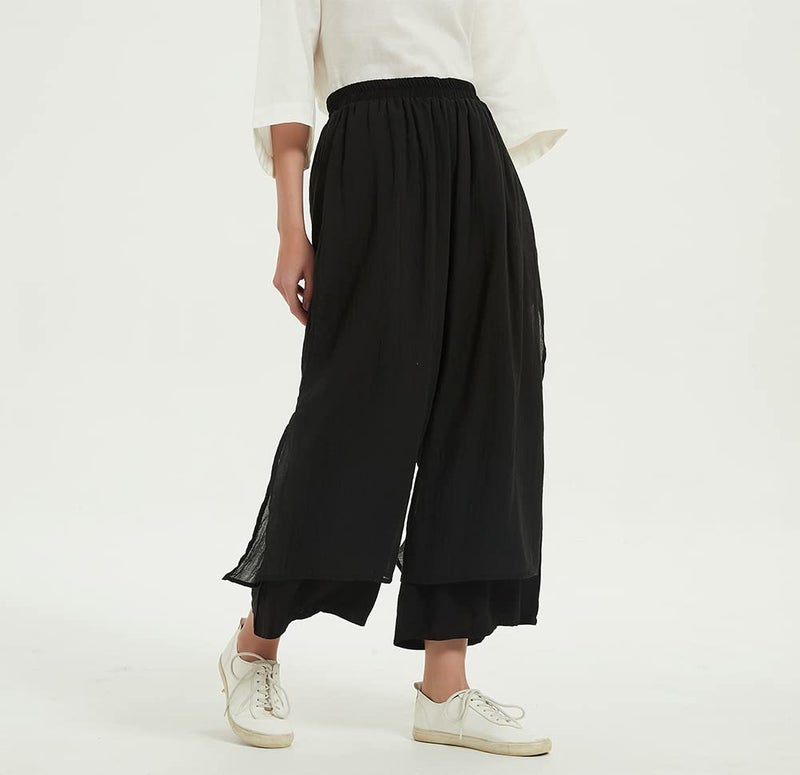 Minibee Women's Wide Leg Pants Loose Layer Capris Palazzo Elastic Waist Trousers Black L - Image 2